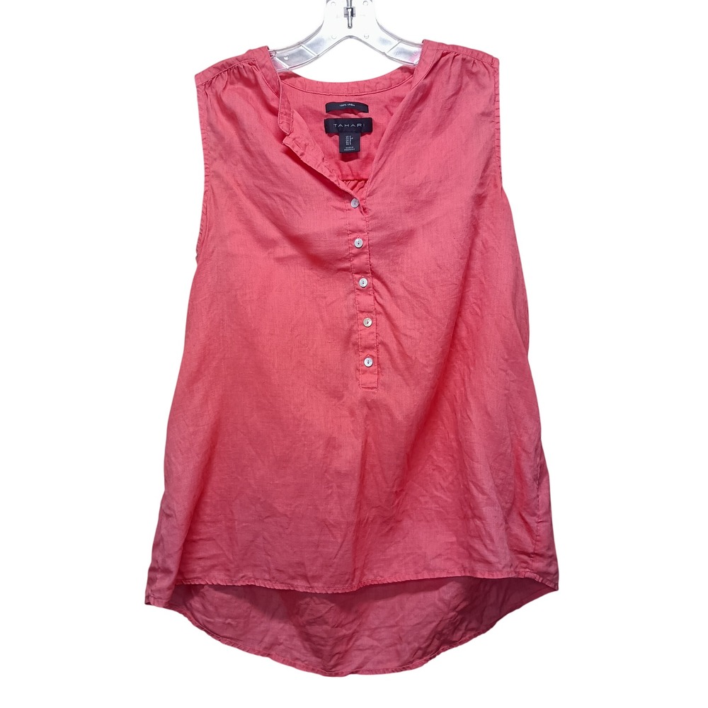 Tahari Women S Coral Pink 100% Linen Sleeveless Button Front Blouse Beach Casual